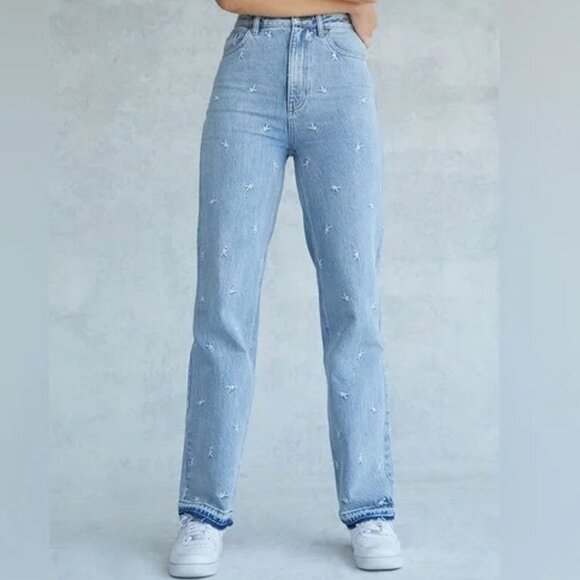 Pacsun Playboy Embroidered Jeans Size 26 High Rise Straight Leg Raw Hem Y2K - Picture 1 of 12